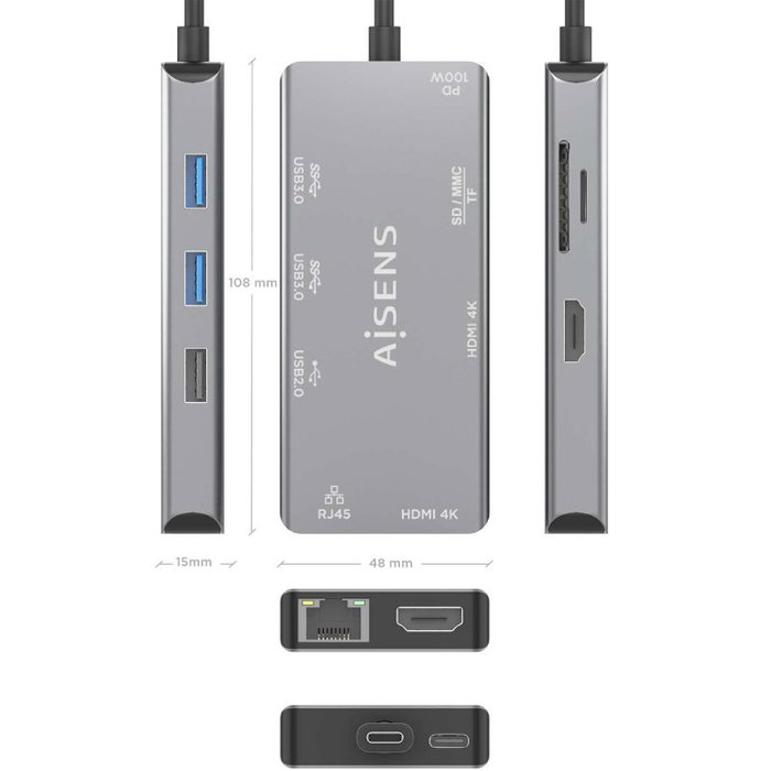 Aisens USB-C Dock 9 en 1, 2xHDMI, RJ45, USB 3.0, PD 100W, Gris